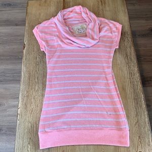Short sleeve cowl neck sweater coral and cream sparkle striped large